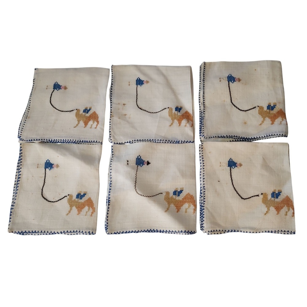 Vintage‎ Cross Stitch Handkerchief Linen Man With Camel Blue Edge Set of Six SEE